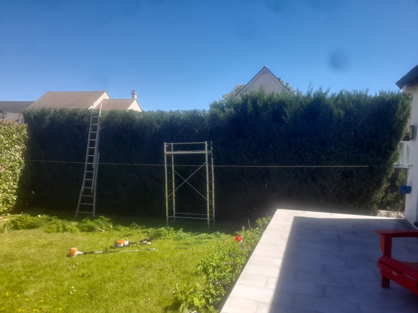 Haie de thuyas taillée en hauteur depuis un échafaudage